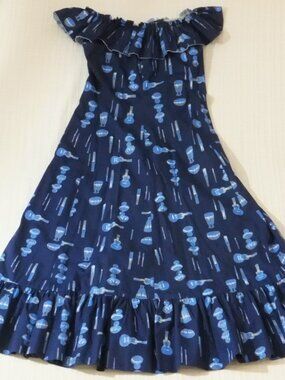 Malihini Hawaiian Dress Womens 14 Blue Sleeveless Maxi Ruffle Ukulele